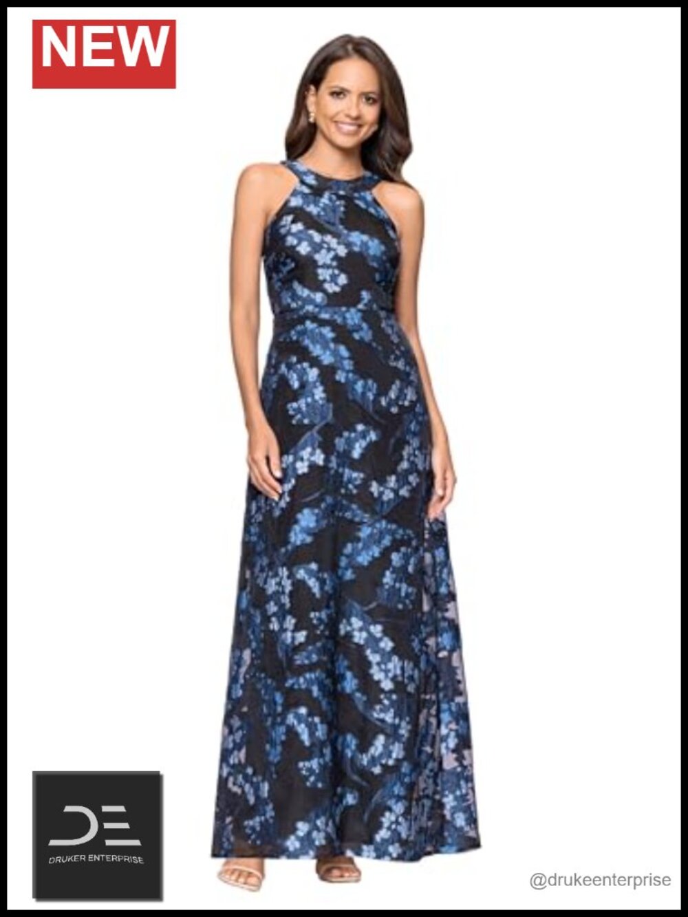 Women's Floor Length Floral Halter Neck Sleeveless Formal Dress